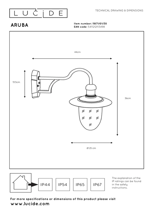 Lucide ARUBA - Applique murale Intérieur/Extérieur - Ø 25 cm - 1xE27 - IP44 - Noir - technique